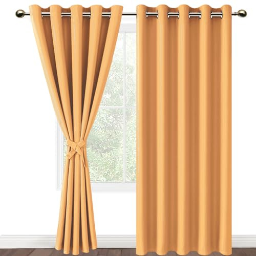 DWCN Blackout Curtains with Tiebacks for Bedroom Thermal Insulated Solid Eyelet Curtains for Living Room,2 Panels,66 Wide x 90 Drop Pumpkin Orange