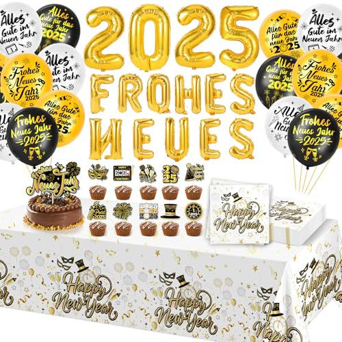 HOWAF Silvester Deko 2026, Frohes Neues Jahr Luftballons Silvester Luftballons 2026 Ballons Happy New Year Servietten Tischdecke Neujahr Cupcake Topper für Tischdeko Neujahr Deko Supplies