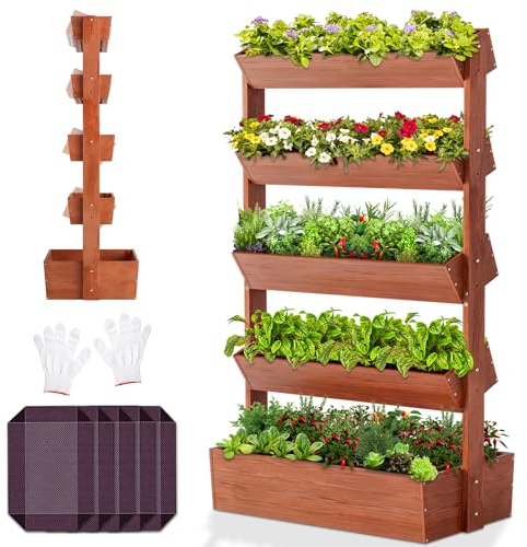 SUNYRISY Holz Hochbeet Vertikalbeet Premium Blumenkasten Balkon, 5 Etagen Outdoor Blumentreppe Pflanztreppen Gemüsebeet Kräuterbeet Mit Etagen, Balkon Garten Terrasse Dekoration