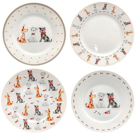 SPOTTED DOG GIFT COMPANY Assiettes à Dessert, Lot de 4 Assiettes en Céramique pour Servir Gâteaux, Entrées, Salades et Pains, Passe au Micro-ondes et au Lave-vaisselle 19 cm - Chiens