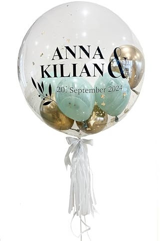 Bubble Fabrik - Personalisiertes Ballongeschenk: Durchsichtiger Heliumballon mit Bunten Ballons, Geschenk zur Hochzeit, Hochzeitsmitbringsel