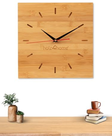 holz4home® Wanduhr Bambus ohne Tickgeräusche I Moderne Uhr aus Holz Quadratisch mit Quarzuhrwerk I Holzuhr für Wohnzimmer Küche Flur Büro (30 cm)