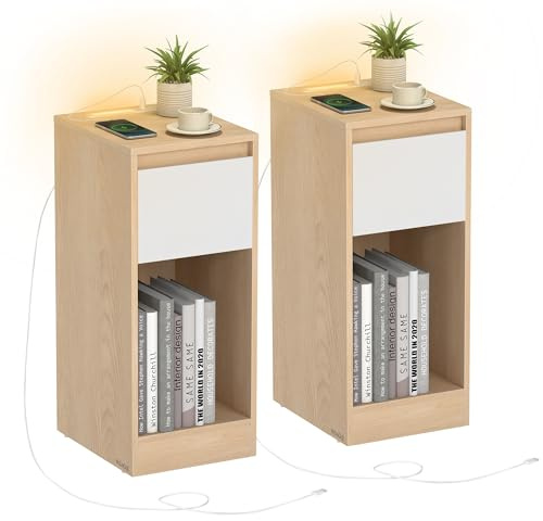 VASAGLE Lot de 2, Table de Chevet Étroite, Table d’Appoint, avec Éclairage LED, 1 Port USB-A, 1 Port USB-C, Tiroirs et Compartiments Ouverts, pour Chambre, Salon, Jaune Amande et Blanc Nuage LET710Y01