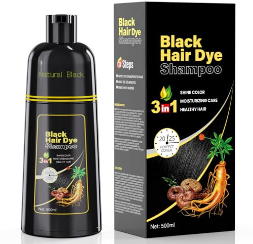 Black Hair Dye Shampoo 3-in-1 for Women & Men, 500ml Natural Herbal Formula, Covers Grey Hair, Non-Irritating & Nourishing, Long-Lasting Colour Up to 30 Days