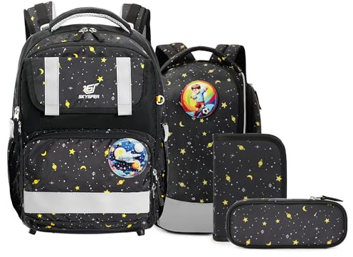 SKYSPER Schulranzen-Set 5-teilig, Schulrucksack Ergonomischer Tragesystem 16L Schulranzen mit 360° Reflektorstreifen für Mädchen Gungen Kinder 1. klasse für Reisen Sport