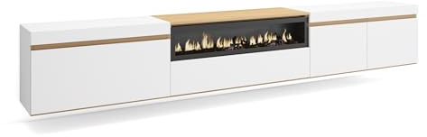 Skraut Home | Mobile TV Soggiorno | Ampio spazio a disposizione | 288x45x35 cm | TV di grande formato | Camino elettrico | Sospeso, da appendere | Stile moderno | Bianco e Rovere soft