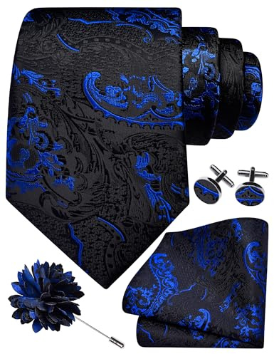 GUSLESON Royal Blue Black Tie Set for Men Silk Paisley Necktie Pocket Square Cufflinks and Lapel Pin Brooch Set for Wedding (6114-21)
