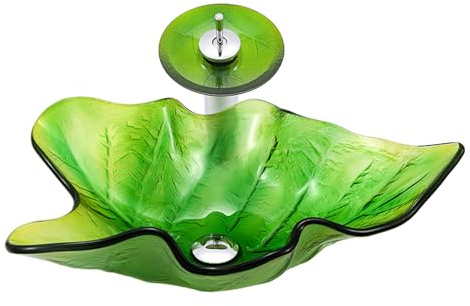 AIBOTY Tempered Glass Bathroom Vessel Sink, Leaves Shape Vanity Vessel Sink with Waterfall Faucet Kit and Pop Up Drain Set, Above Counter Wash Basin,Green