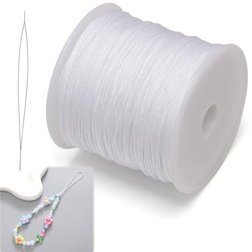 Zephyra Hilo Encerado de Nylon 0,8 MM x 100 M con Aguja de Perlas, Cordón de Cera, Hilo de Cera para Abalorios – Cordón Encerado para Pulseras, Collares, Bisutería, Macramé y Manualidades DIY(Blanco)