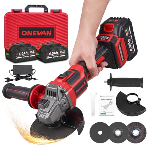 ONEVAN Smerigliatrice angolare professionale a batteria, 125 mm, 20 V, brushless, 4,0 Ah, doppia batteria, smerigliatrice angolare da 8000 giri/min, con copertura a sgancio rapido, impugnatura