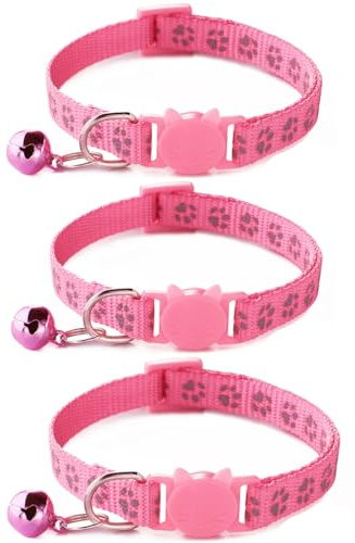 3PACK Reflective Cat Collars Quick Release with Bell Safety Nylon Kitten Collars Adjustable 19-32cm (Pink)
