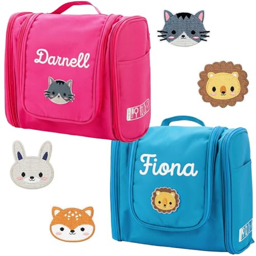 Neceser Infantil Personalizado con Nombre y Diseño de Animales con Espejo - Bolsa de Aseo de Viaje para Niños y Niñas - Neceser Colgante Personalizable Motivos de Animales para Artículos de Higiene
