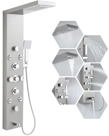 ROVATE 6 in 1 Shower Panel Tower System with Rainfall Waterfall Head, Brushed Shower Tower with Body Jets and Rainfall and Handheld, Tub Spout, Brushed Stainless Steel Shower Column High Pressure