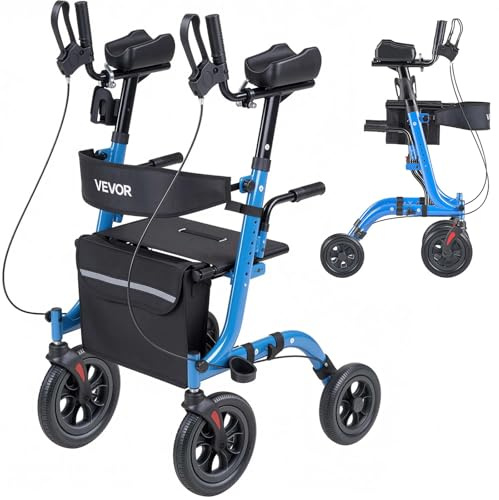 VEVOR Rollator Walker with Seat for Seniors, Foldable Rolling Walker, Lightweight Aluminum Mobility Walking Aid with PU Solid Wheels, Adjustable Handle, Storage Bag, Cup/Cane Holder - Supports 300LBS