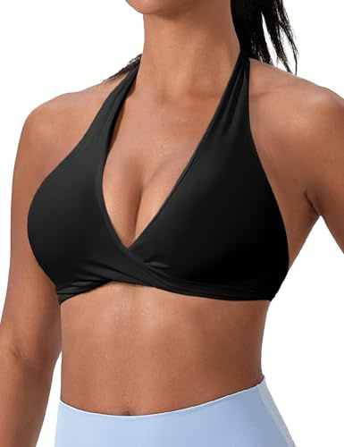 OLAIRE Black Sports Bra for Women Seamless Halter Neck Yoga Bras Padded Open Back Light Support Workout Bralettes Crop Top
