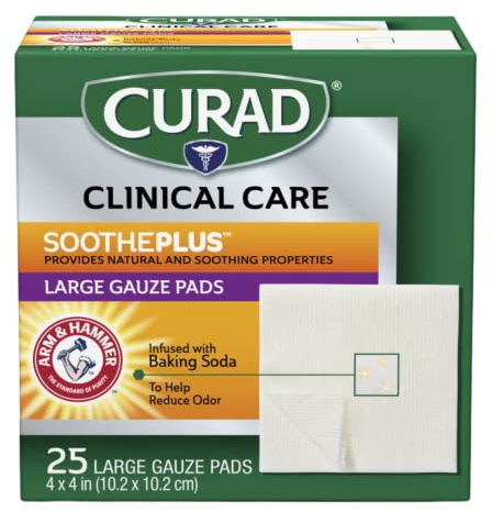 Curad SoothePLUS Gauze Pads with ARM & HAMMER Baking Soda, 4 x 4, 25 count