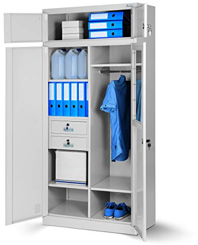 Jan Nowak Aktenschrank, Mehrzweckschrank, Spind Schrank | Geheimfach, 2 Schubladen, 4 Fachböden, Mit Kleiderstange, Spiegel, Pulverbeschichtet, Abschließbar, Metall | 185 cm x 90 cm x 50 cm Grau