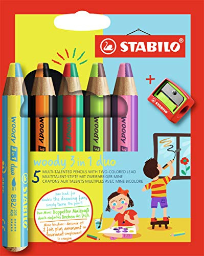 STABILO - Duo Buntstift, Wasserfarbe & Wachsmalkreide - woody 3 in 1 duo - zweifarbige Mine - 5er Pack mit Spitzer - mit 5 Stiften und 10 verschiedenen Farben