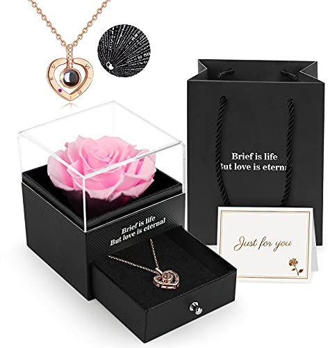 Preserved Real Rose Gift Box with I Love You Necklace, Handmade Eternal Rose Flower Gifts for Mum Mother Women Wife Girlfriend Her on Mothers Day, Birthday, Anniversary, Valentines Day, Christmas