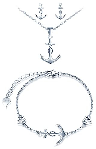 INFINIONLY Collare Pulsera y Pendientes para mujer niña, Juegos de joyas de plata 925, collar pulsera pendientes de ancla, collar pulsera pendientes de ancla símbolo de infinito decorativo, plateado