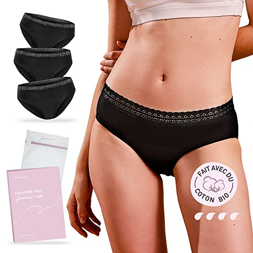 JANICE 3 Culottes Menstruelles Coton Bio = 5 tampons Absorbant Flux Abondant, sous-Vêtement Règles Incontinence Lavable Périodique (FR/ES, Alpha/Lettres, M, Taille Normale, Taille Normale)