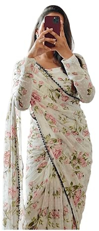 Sidhidata Ready-to-Wear Digital Print Georgette One-Minute Saree with Unstitched Blouse for Women, White, Free Size