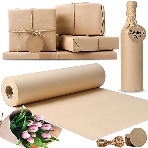 Cieex Braune Papierrolle, Natürliches Recyclingpapier Braunes Kraftpapier mit Etiketten, Bindfaden, ideal für Geschenkverpackungen, Paketverpackungen, Kunst und Handwerk (30 cm x 30 m)