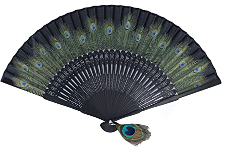 Bambus-Handfächer mit Pfauenmuster, 38,1 X 21,6 Cm, Einzigartiges Design, Antiker Stil, Langlebig, Elegant