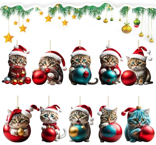 Ellxen 10 Stück Katze Weihnachtsbaum Anhänger,2D Acryl Katze Christbaumschmuck,Weihnachtsschmuck Geschenk,Spaß Weihnachtsanhänger Deko,Weihnachtsschmuck für Veranda,Flur,Büro,Wohnheim,Urlaub