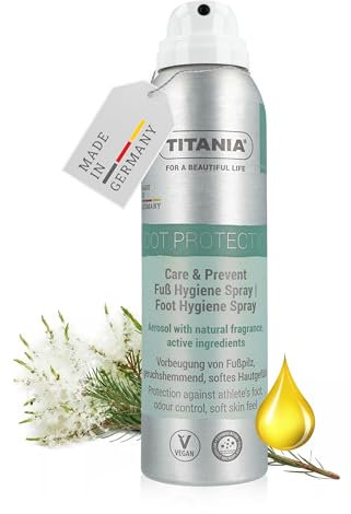 TITANIA® Fußspray 150ml – Vorbeugender Schutz gegen Fußpilz, Erfrischt & Pflegt, Absorbiert Feuchtigkeit – Vegan, mikroplastikfreie Rezeptur, mit Ätherischen Ölen
