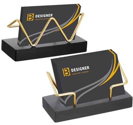 Sibba Visitenkartenständer Holz Visitenkartenhalter für den Schreibtisch Visitenkarten Aufbewahrung Visitenkartenbox Displaybox Flyerständer Ausstellung Messestand Zuhause Büro (W,Schwarz,Gold Frame)