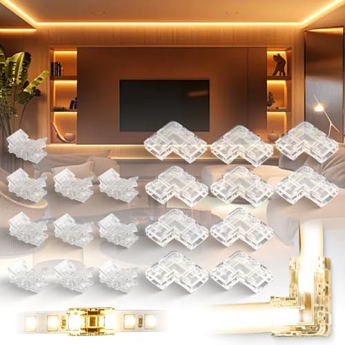 BRIMETI 20pcs Conector de 2 Pines para Tira LED 8mm Ancho, Clip Conectores Rápido Cinta LED, 10 x Conectores en Forma de L, 10 x Conectores Sin Espacios, Sin Soldadura