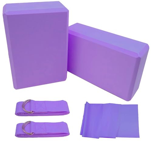 Griwuut Juego de 2 bloques de yoga con correa, bloques ligeros de espuma EVA para yoga, pilates, ladrillos antideslizantes para estiramiento, meditación y posturas flexibles profundas