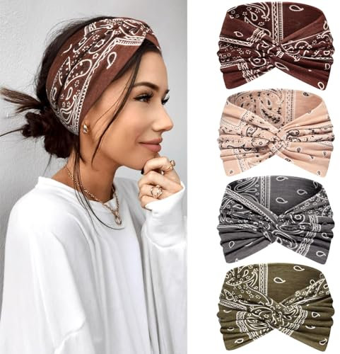 Kavya Haarband Damen Stirnband Damen 4er Pack – 7'' Extra Breit Haarbänder Dünn, Elastische Kopftuch Weiche Boho Mehrfarbig Headband, für Yoga, Kosmetik, Sport & Haarschmuck Sommer