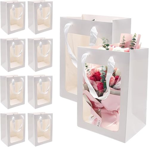 10 Pieces White Kraft Paper Gift Bags with Window, Paper Shopping Bags Packing Bags with Handle for Party Favor Storage, Flower Stroage, Food Storage and More (25×23×18 cm)