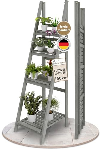 TTL HOME - Scala per fiori Flower Ladder L, 160 x 41 x 50 cm, colore grigio chiaro, 4 livelli, in legno naturale, per piante, per interni ed esterni, balcone, terrazza, pieghevole