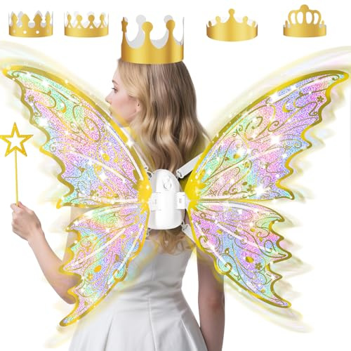 Ailes de fée dorées pour fille - Ailes de fée électriques et lumineuses - Kit d'Halloween avec baguette magique, couronne, ailes de papillon - Idéal pour cosplay, fête, anniversaire, Noël