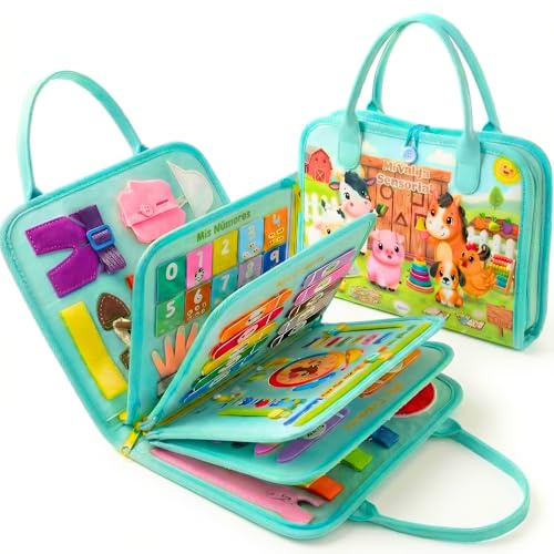 LUMS Libro Montessori 1 2 3 4 5 Años - Libro Sensorial de Actividades Educativas - Juguete de Motricidad Fina Estilo Maletín de Fieltro - Busy Board Portátil para Viajes y Aprendizaje