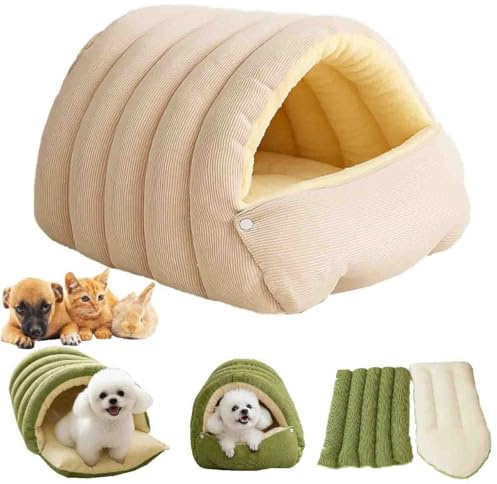 Tienda De Casa para Mascotas extraíble y Lavable,Cama Suave para Gato,Cama Cueva para Gatos,Cueva De Descanso para Mascotas Cerrada,para Gatos y Cachorros Pequeños Interior (Beige-L)