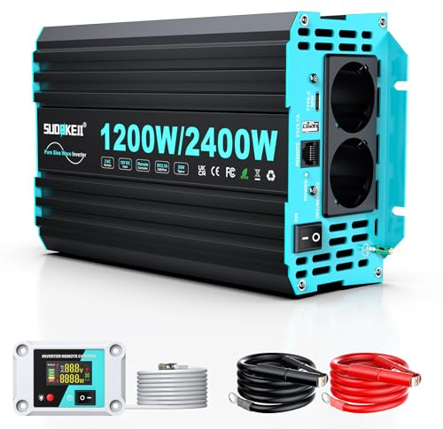 Inverter SUDOKEJI 1200W/2400W ad Onda Sinusoidale Pura, Convertitore 12V-230V con Telecomando LCD, Porte USB/Type-C e 2 Prese UE per Solare, Veicoli e Camper