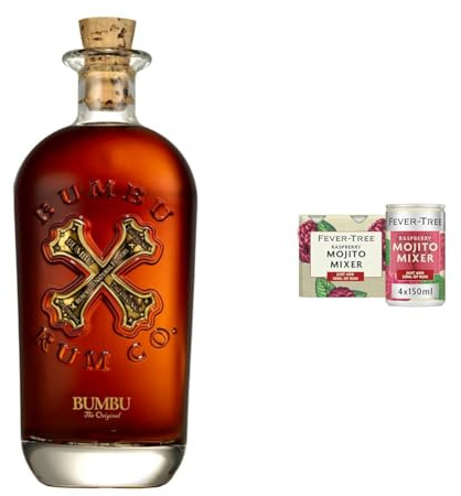 Bumbu Original Rum 70cl & Fever-Tree Raspberry Mojito Cocktail Mixer 150ml Cans (Pack of 4)