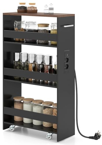 GIANTEX Scaffale per Nicchia da 20 cm di Larghezza, con Base di Ricarica, 4 Piani in Legno su Ruote, Scaffale Sottile per Cucina e Bagno, Carrello a Rotelle (Marrone+Nero, Largo 20cm, con presa)