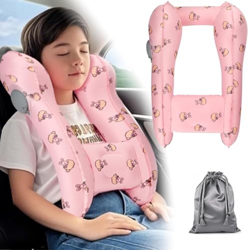 auvstar Cuscino Auto Bambini Gonfiabile,Cuscino da Viaggio per Bambini in Auto,Poggiatesta Auto Bambini,Cuscino da Viaggio Portatile per il Collo per I Lunghi Viaggi in Auto (Rosa)