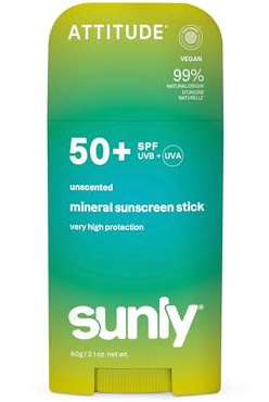 ATTITUDE Protector solar mineral en barra SPF 50, amplio espectro de óxido de zinc, verificado por EWG, sin nanopartículas, barra sin desorden para rostro y cuerpo, ligera y no grasa, vegana, sin
