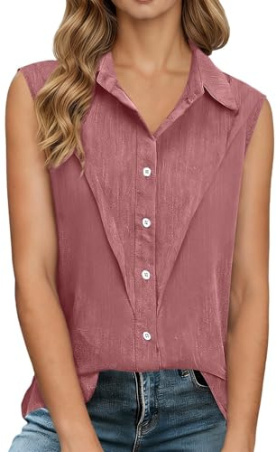 Camicia Bianca Donna No Stiro Elegante Camicia Senza Maniche Donna con Colletto e Bottoni - Top Minimalista Solido per Quotidiano (Watermelon Red, XXL)