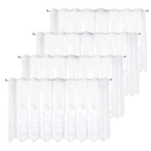 Qnbonrich 4 fönstergardiner 130 x 45 cm – bistrogardin korta butiker blomma vit halvtransparent, broderade moderna korta gardiner för kök, fönstergardiner vardagsrum