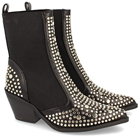 42668-Botin de Mujer con Tacon y Elastico en el Tobillo, de Punta Fina, Adornado con Tachuelas Metalicas Otono Invierno 2019. Talla 38 Negro