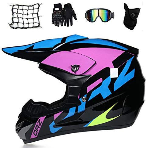 Motocross Helm Damen Schwarz Lila Motorrad Crosshelm Kinder Set (5 Stücke/ Brille/ Handschuhe/ Maske/ Motorrad Netz) Motorradhelm Schutzhelm Set für Off Road ATV Downhill MTB,M