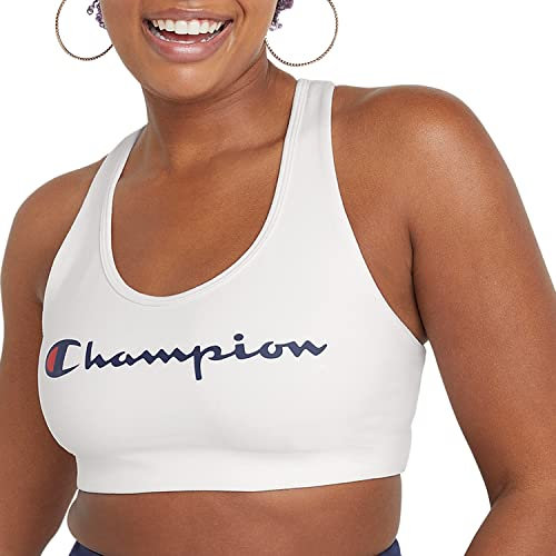 Champion Women's, Authentic, Moderate Support, Classic Sports Bra (Plus, Opaque, White Color Script, L