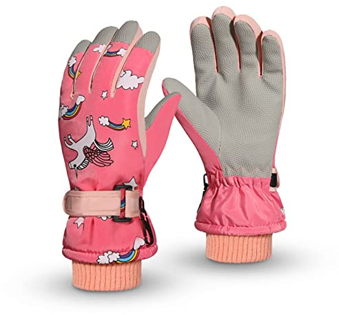 Jupsk Kinder Winter Skihandschuhe Wasserdicht Snowboard Handschuhe Anti-Rutsch Plüsch Warm Rosa Einhorn Handschuhe für Mädchen Jungen 7-12 Jahre alt